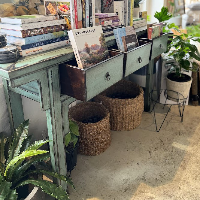 Console Elm Wood Teal Antique Look with 3 Drawers - 25% OFF