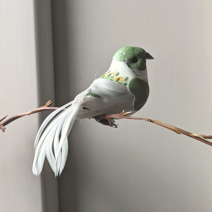 Bird Decoration Green and White Clip-on