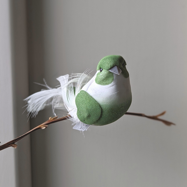Bird Decoration Green and White Clip-on