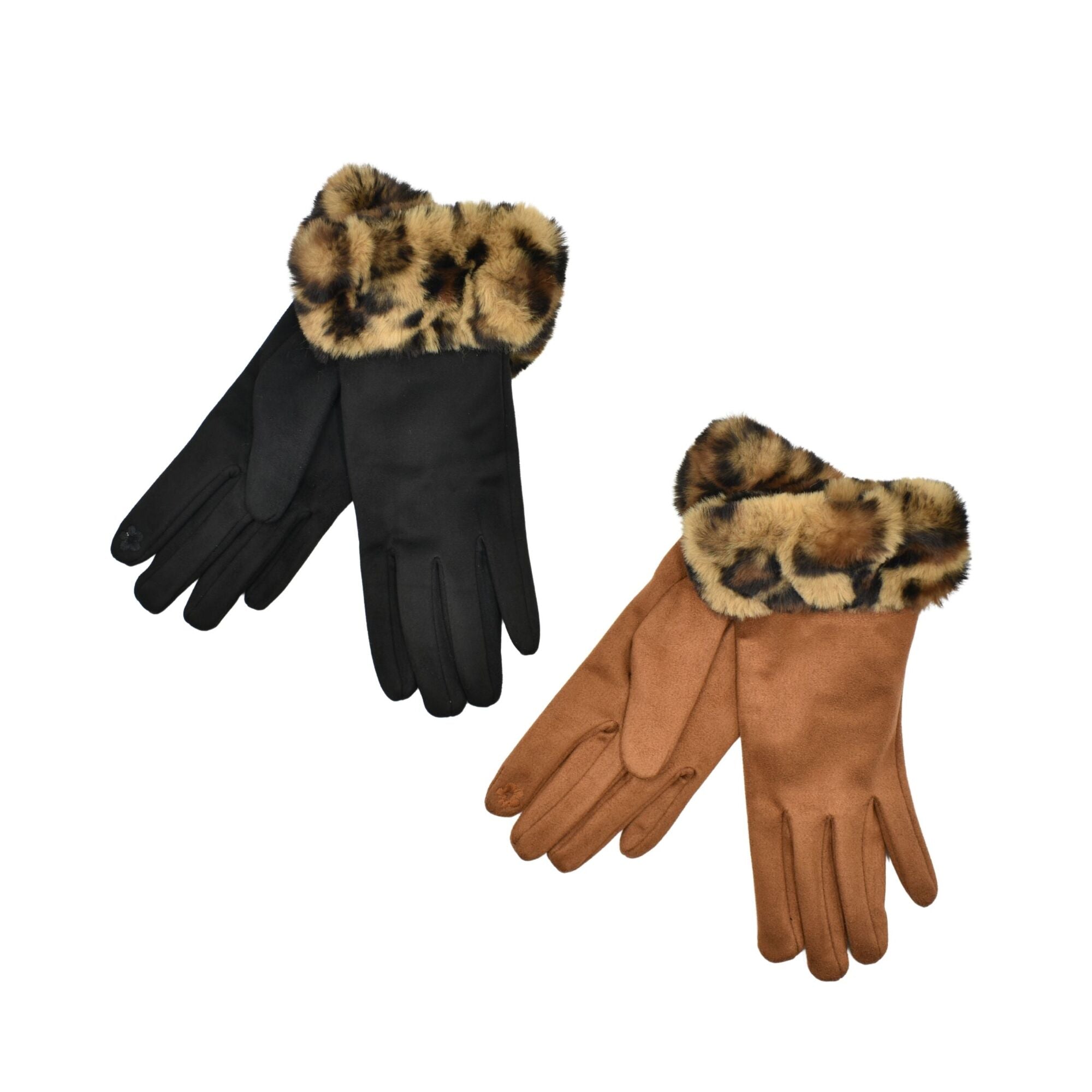 Gloves - Faux Fur Leopard Print Cuff - Black or Tan