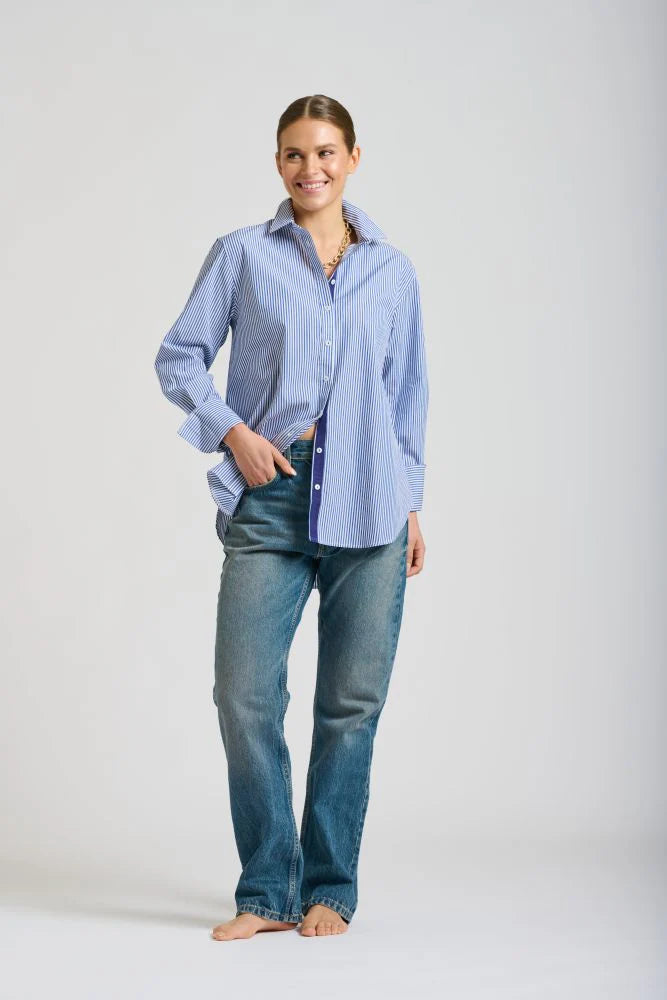 Relaxed Blue Striped Boyfriend Shirt - 100% Cotton