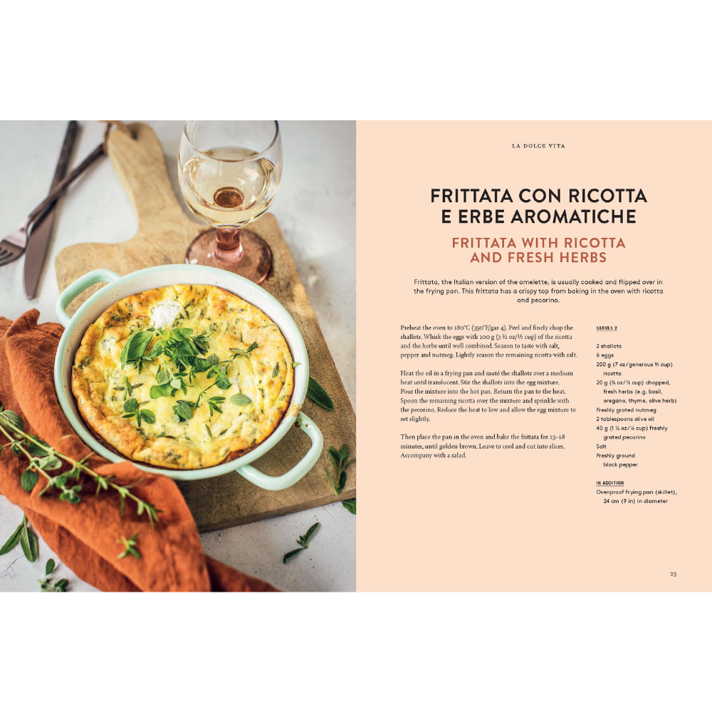 Frittata with ricotta and fresh herbs on a wooden board with a glass of wine, recipe text on the right.