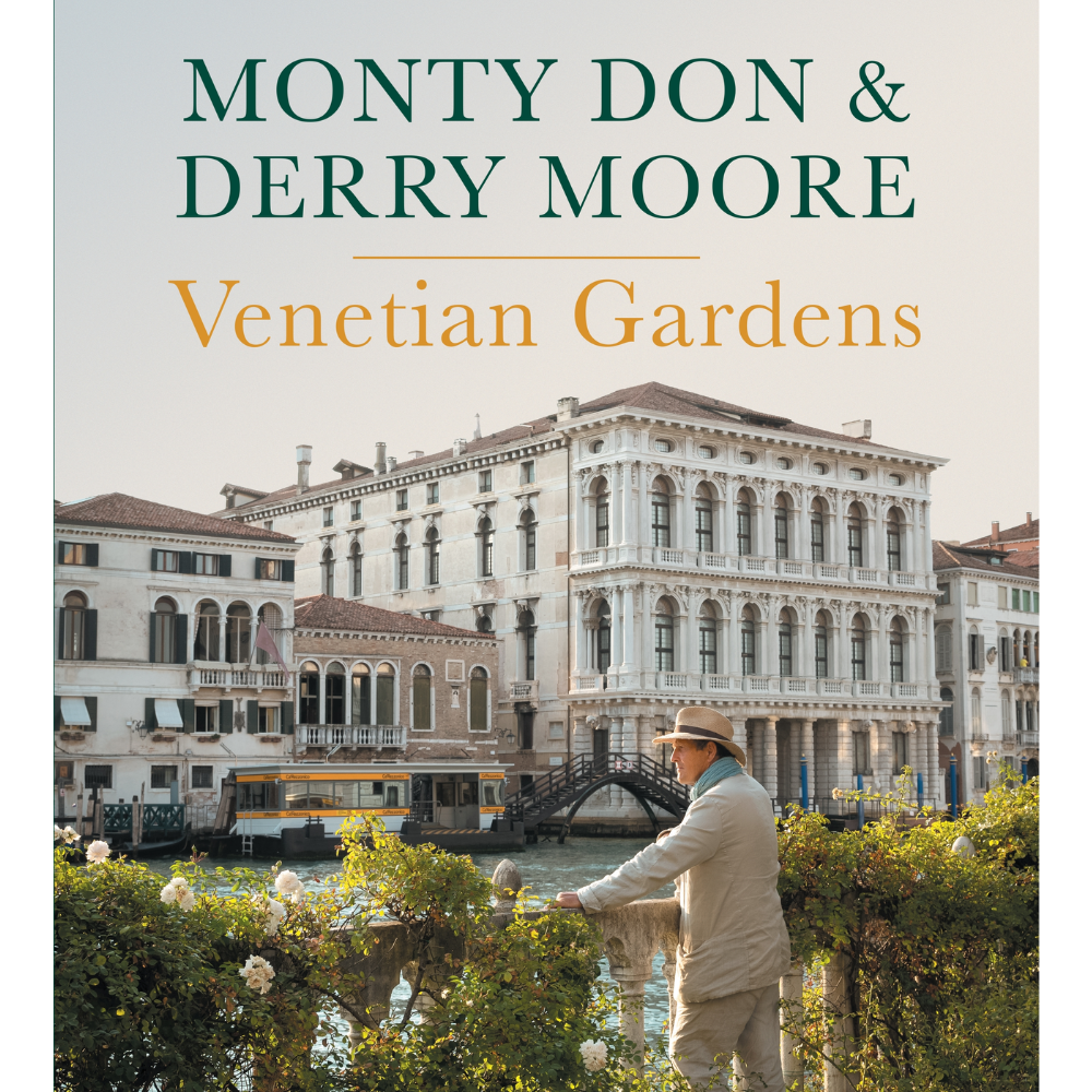 Book cover of 'Venetian Gardens' by Monty Don & Derry Moore with a scenic view of Venice.