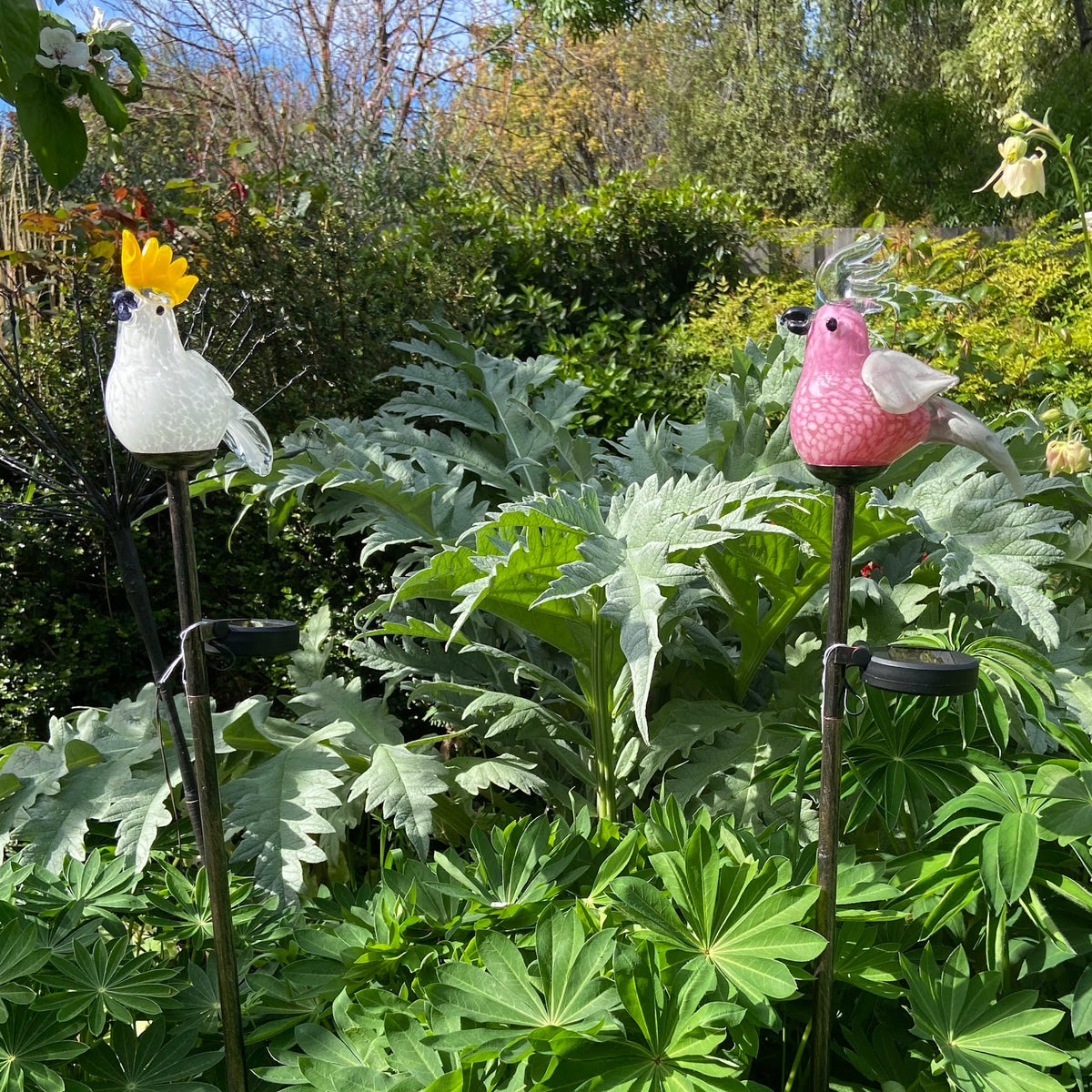 Two bird garden lights perched on metal stakes, one white with a yellow flower and one pink with a white flower, set among lush green garden plants in a sunny outdoor garden setting.