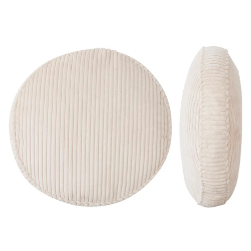 Two round, ivory coloured corduroy cushions on a white background