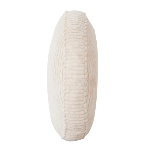 Profile of round ivory coloured corduroy cushion on a white background