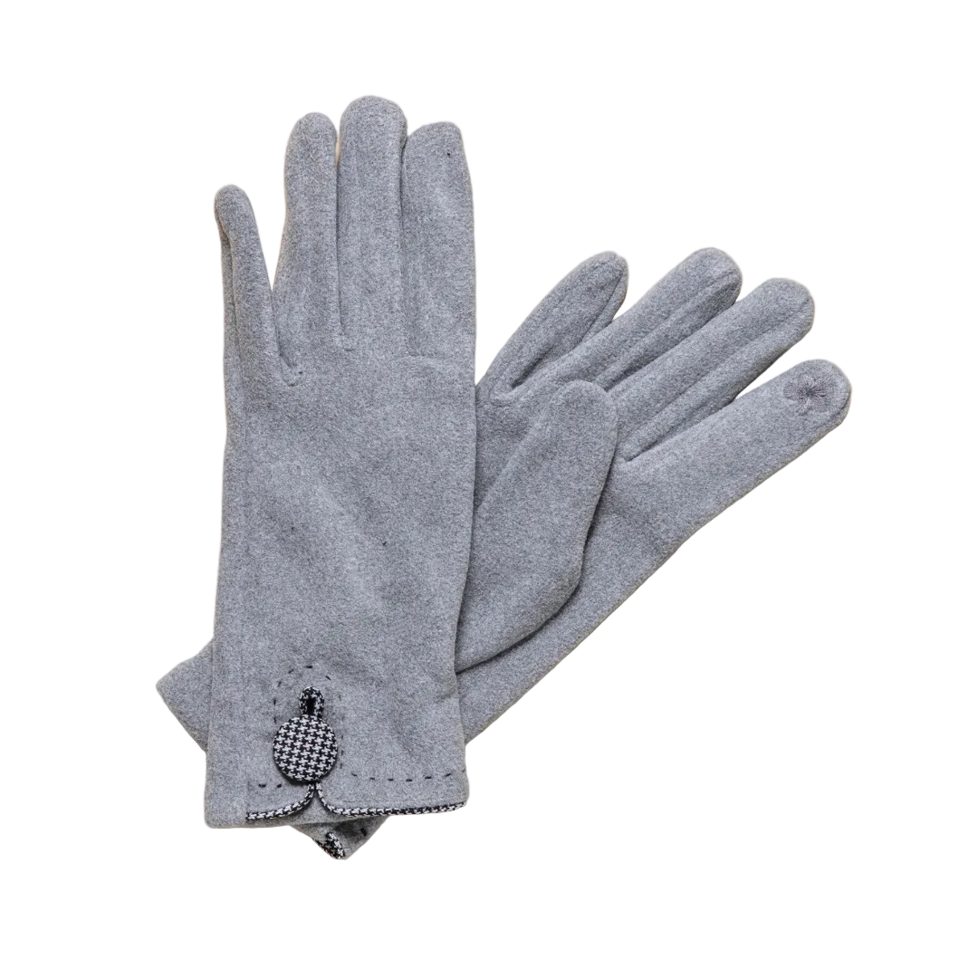 Pair of gray gloves with a decorative button on a white background
