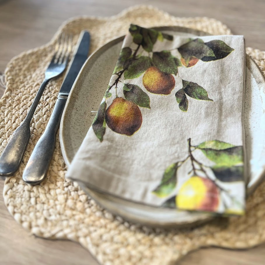 Linen Cotton Napkins - 3 fruit screenprinted designs