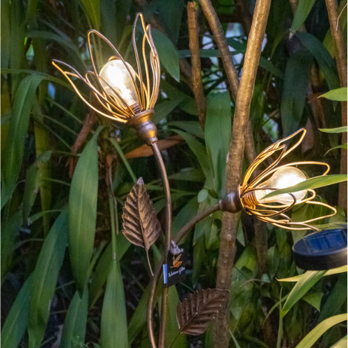 Decorative outdoor light fixture with floral design on a plant background