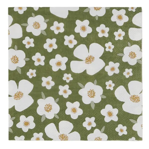 Floral pattern with white flowers and green leaves on a green background