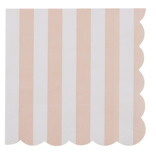 Scalloped edge napkin with pink and white vertical stripes on a white background