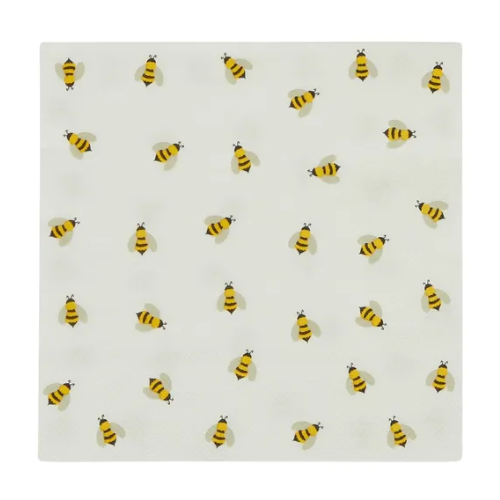 Pattern of yellow and black bees on a white background