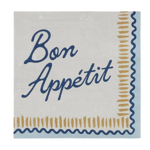 Napkin with 'Bon Appetit' text on a light blue background