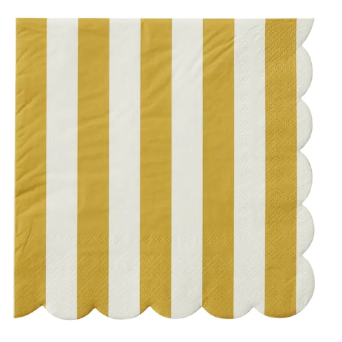 Scalloped edge napkin with yellow and white vertical stripes on a white background