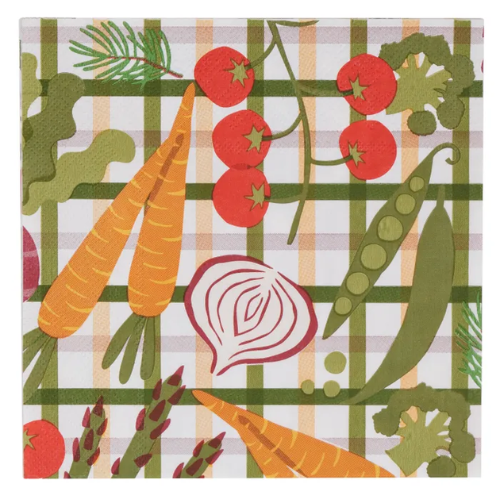 Paper napkin with colourful illustrations of vegetables on a checkered background