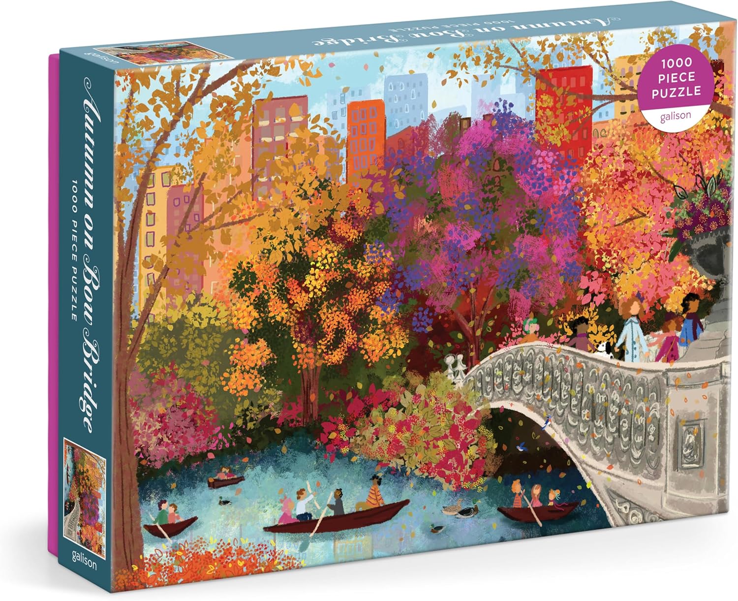 Jigsaw puzzle box with colorful autumn scene design featuring a bridge and trees.