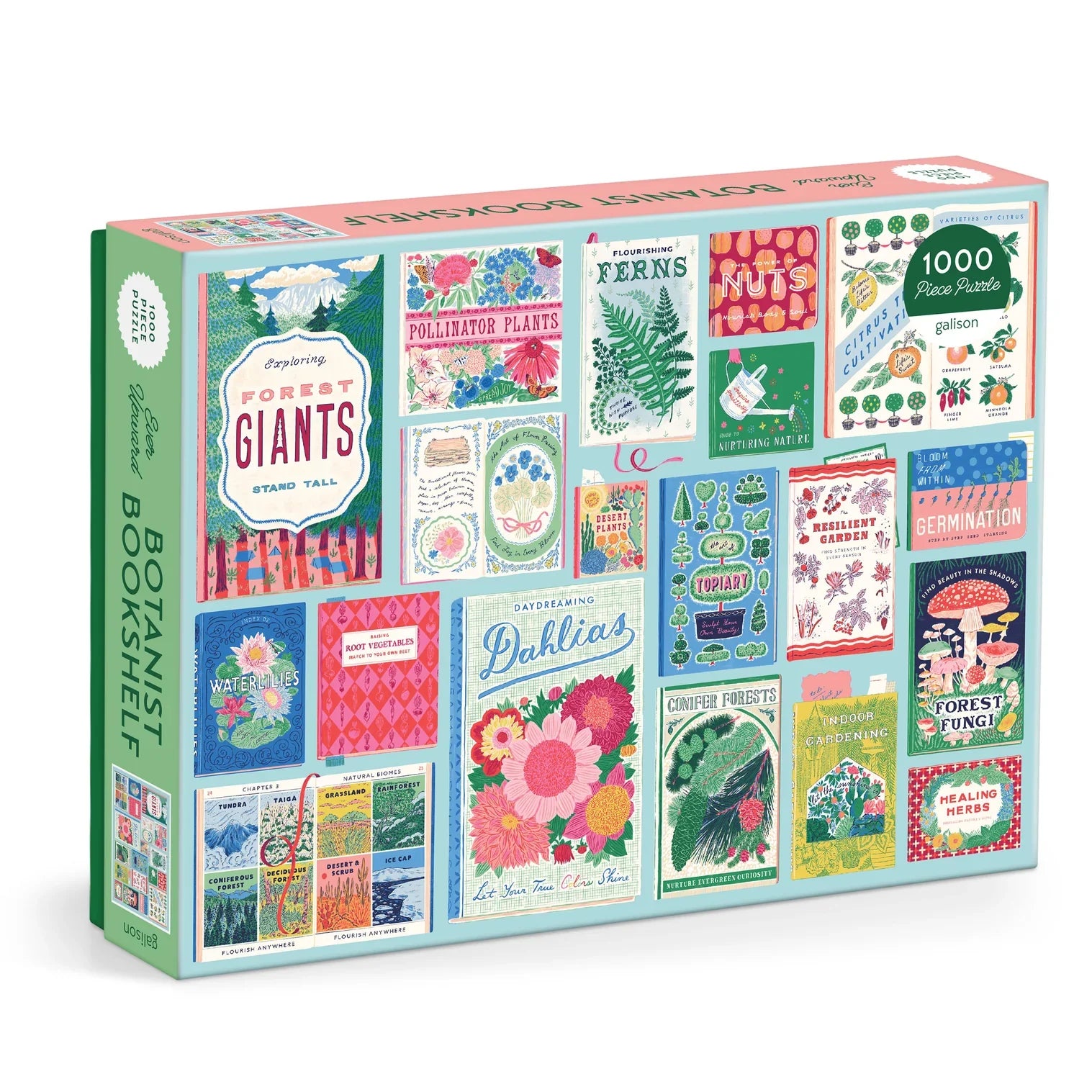 Colorful bookshelf-themed puzzle box with various plant and flower designs on a white background