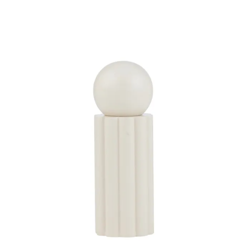 Wooden salt and pepper grinder with a spherical top and rectangular base on a white background