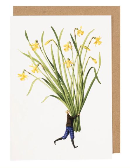 Greeting card with illustration of daffodils and a person holding them, on a white background.