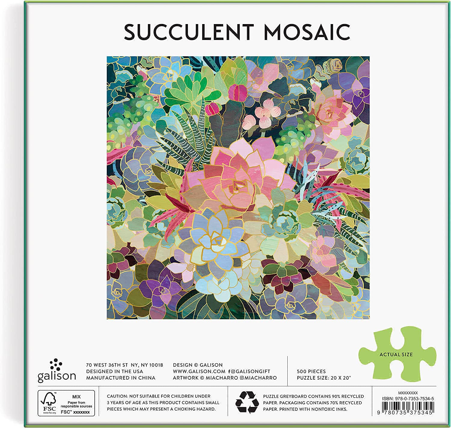 Packaging of a succulent mosaic puzzle with colorful design.