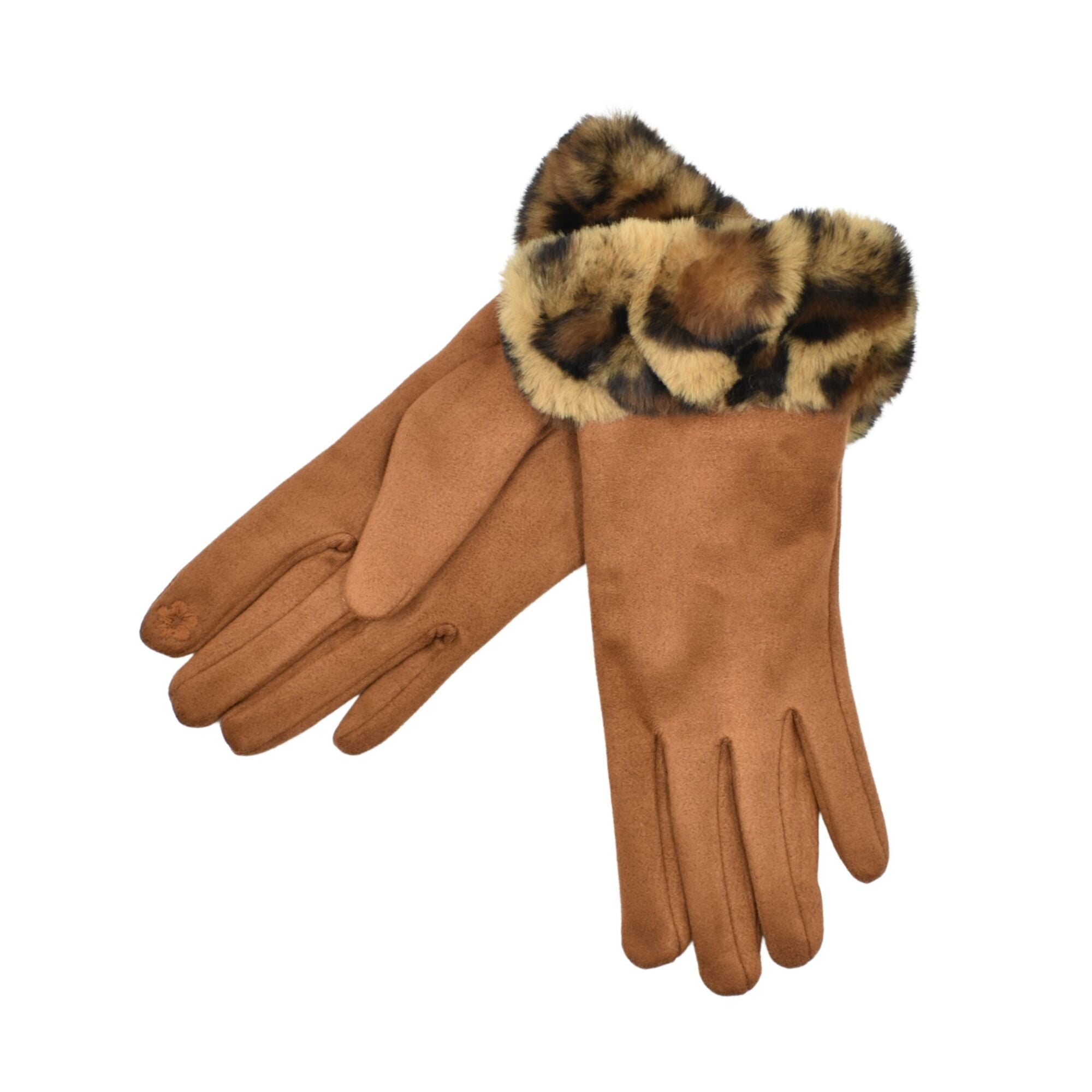 Gloves - Faux Fur Leopard Print Cuff - Black or Tan