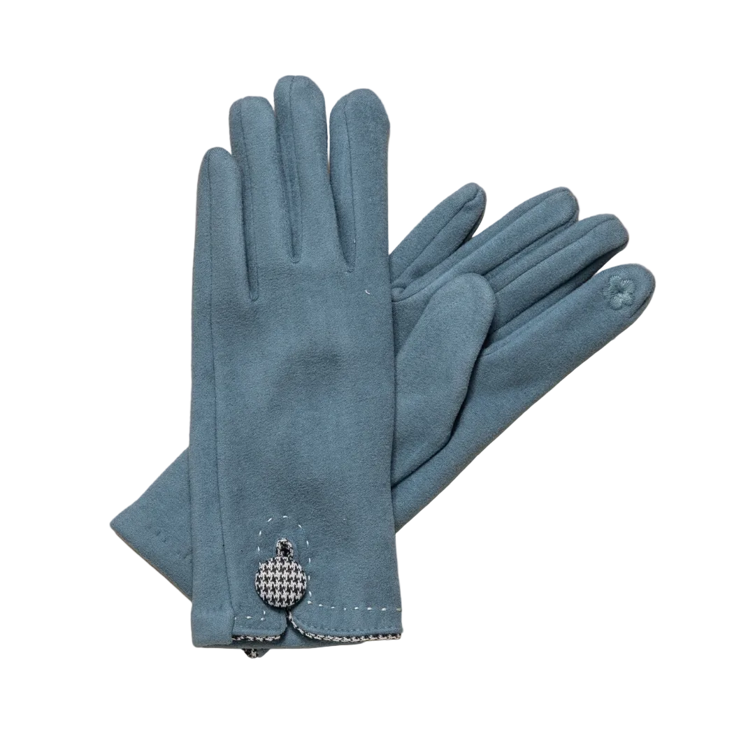 Pair of blue gloves with a decorative button on a white background