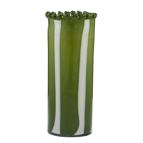 Green and white striped vase with textured top on a white background