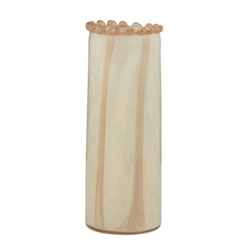 Nude and Pink cylindrical vase with a textured top on a white background