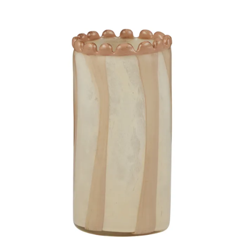Nude and Pink cylindrical vase with decorative top on a white background