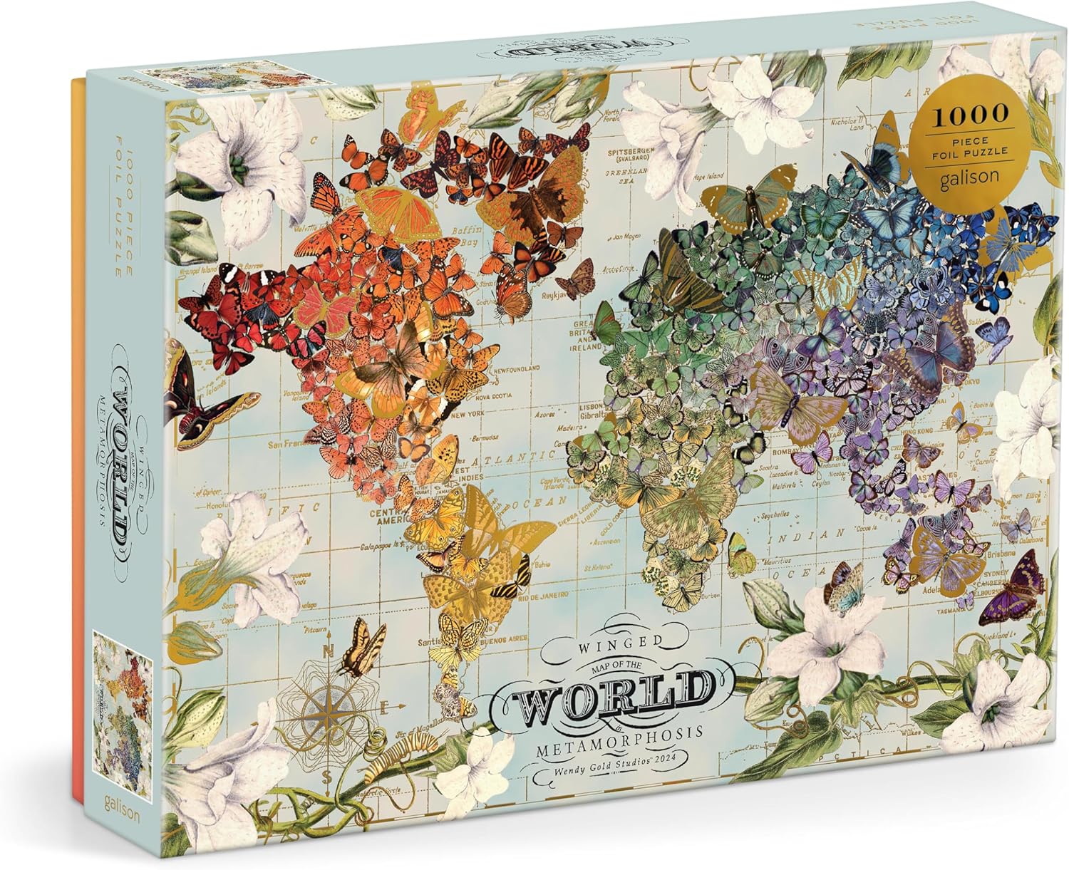 Jigsaw puzzle box with a world map and butterfly design on a white background