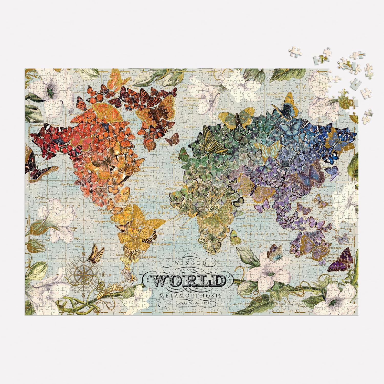 World map puzzle with butterflies and flowers on a white background