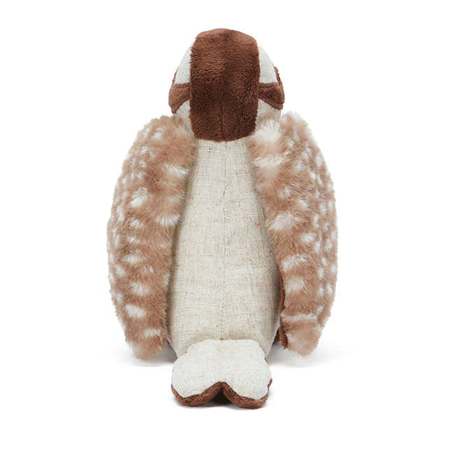 Stuffed animal kookaburra toy with brown and white fur on a white background