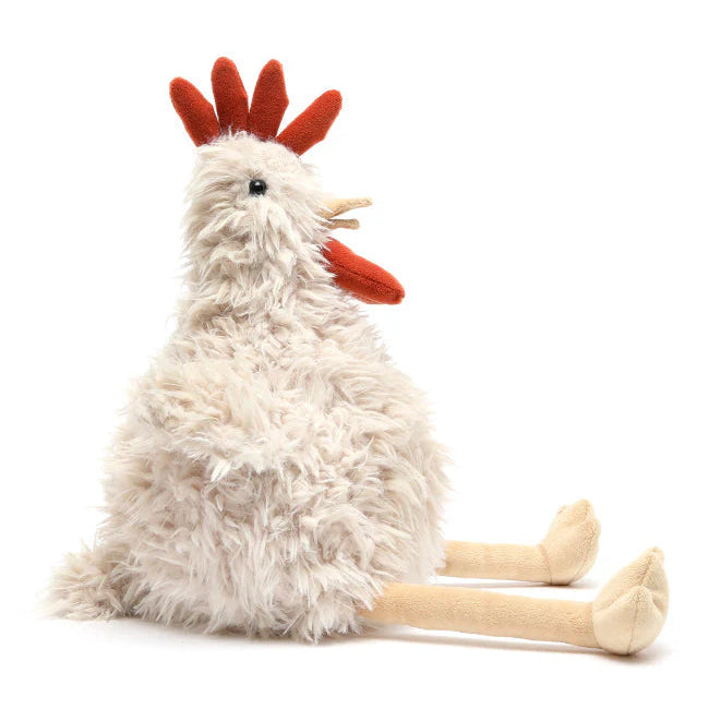 Plush toy rooster with a white body, red comb, and feet on a white background