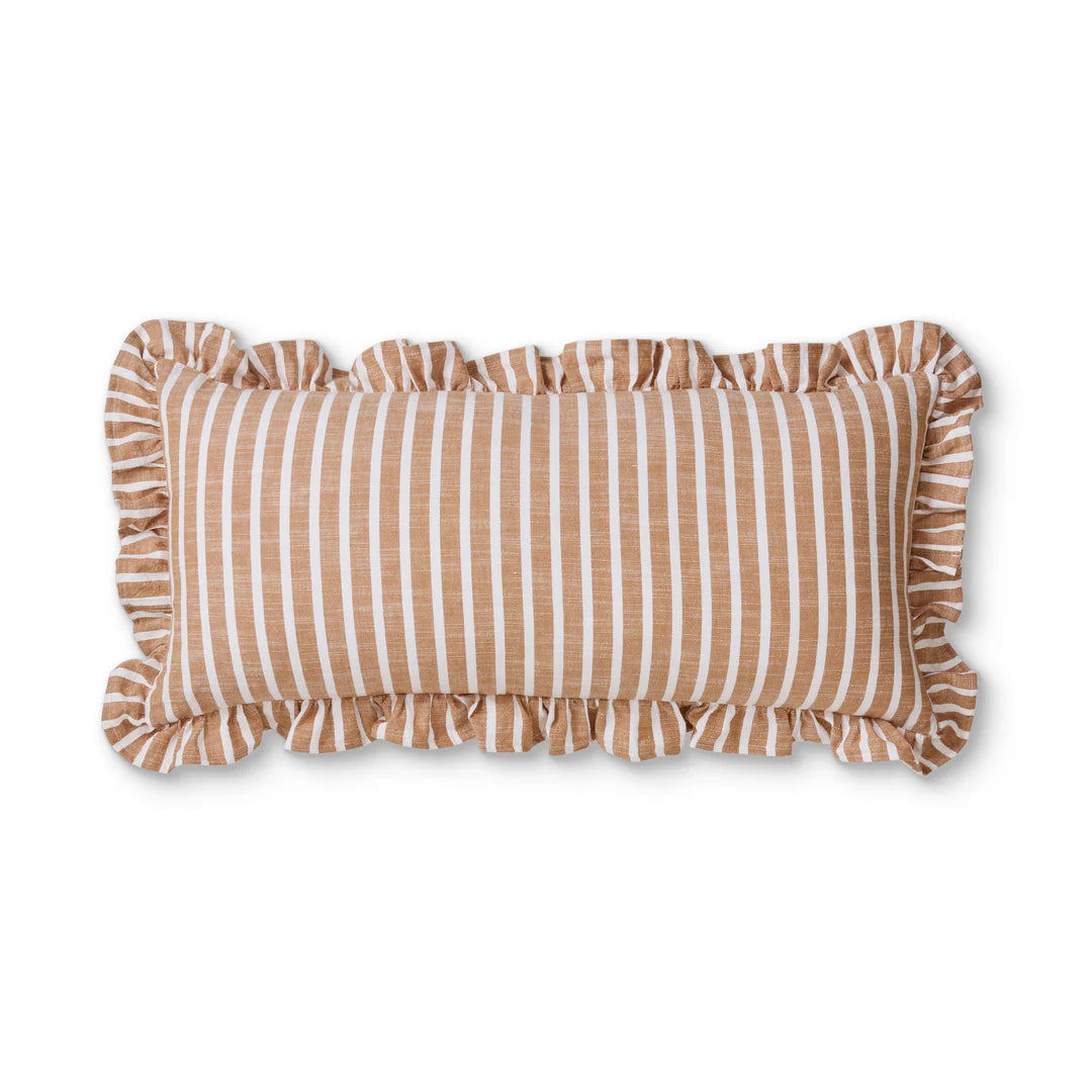 Lumbar Cushion with Ruffled Edge - Cinnamon / White Stripe
