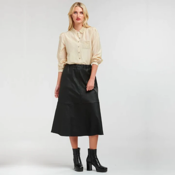 Skirt - Faux Leather A-Line Midi Length - Black