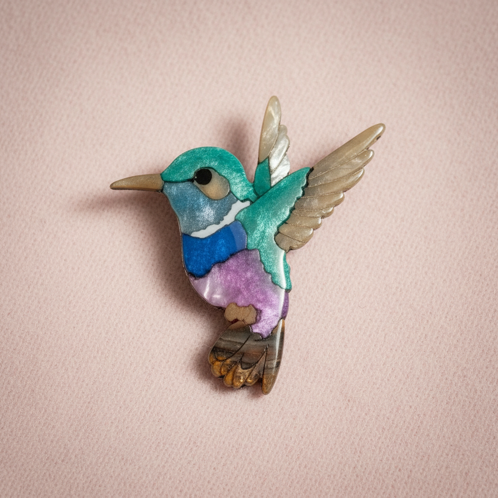 Colorful bird brooch on a pink background