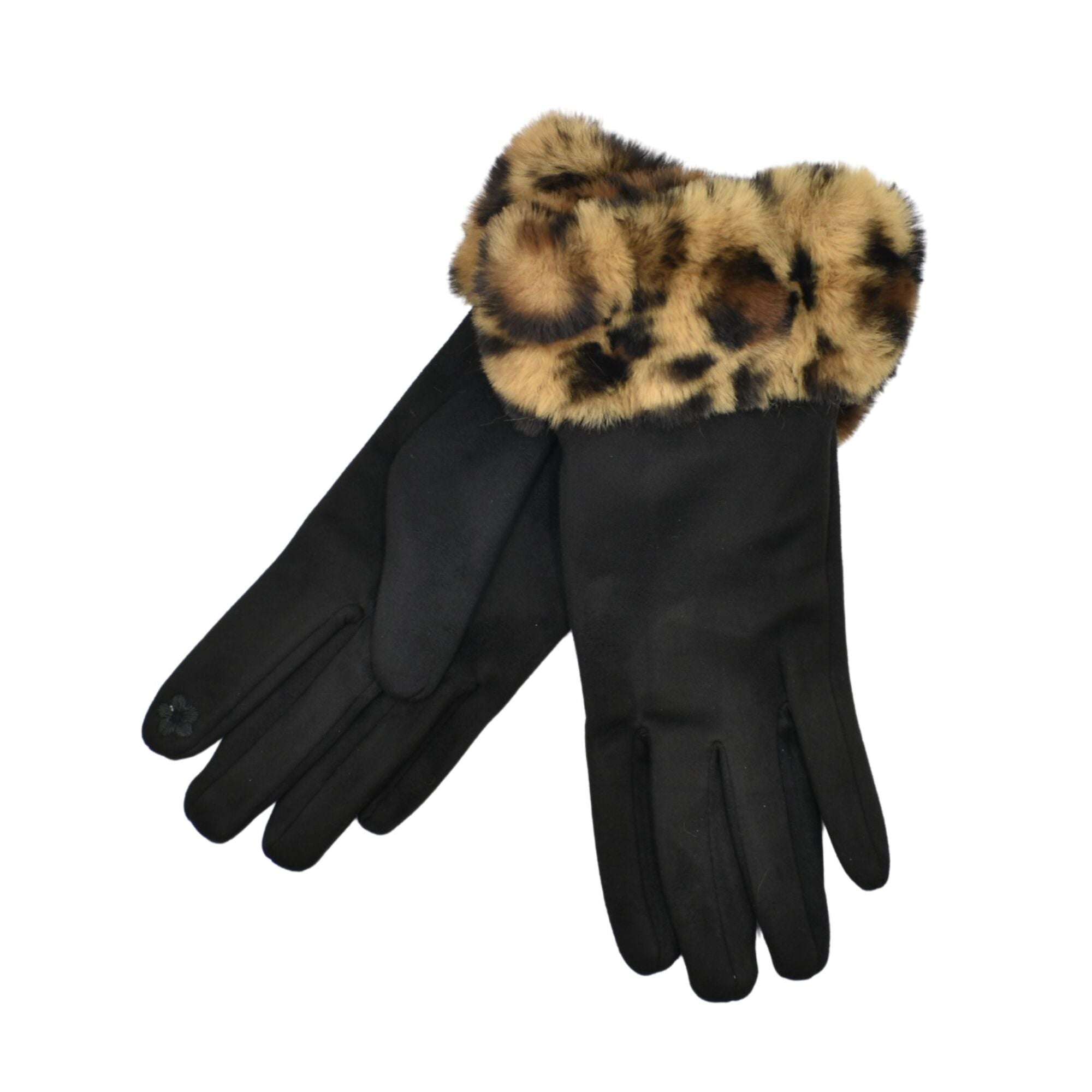 Gloves - Faux Fur Leopard Print Cuff - Black or Tan