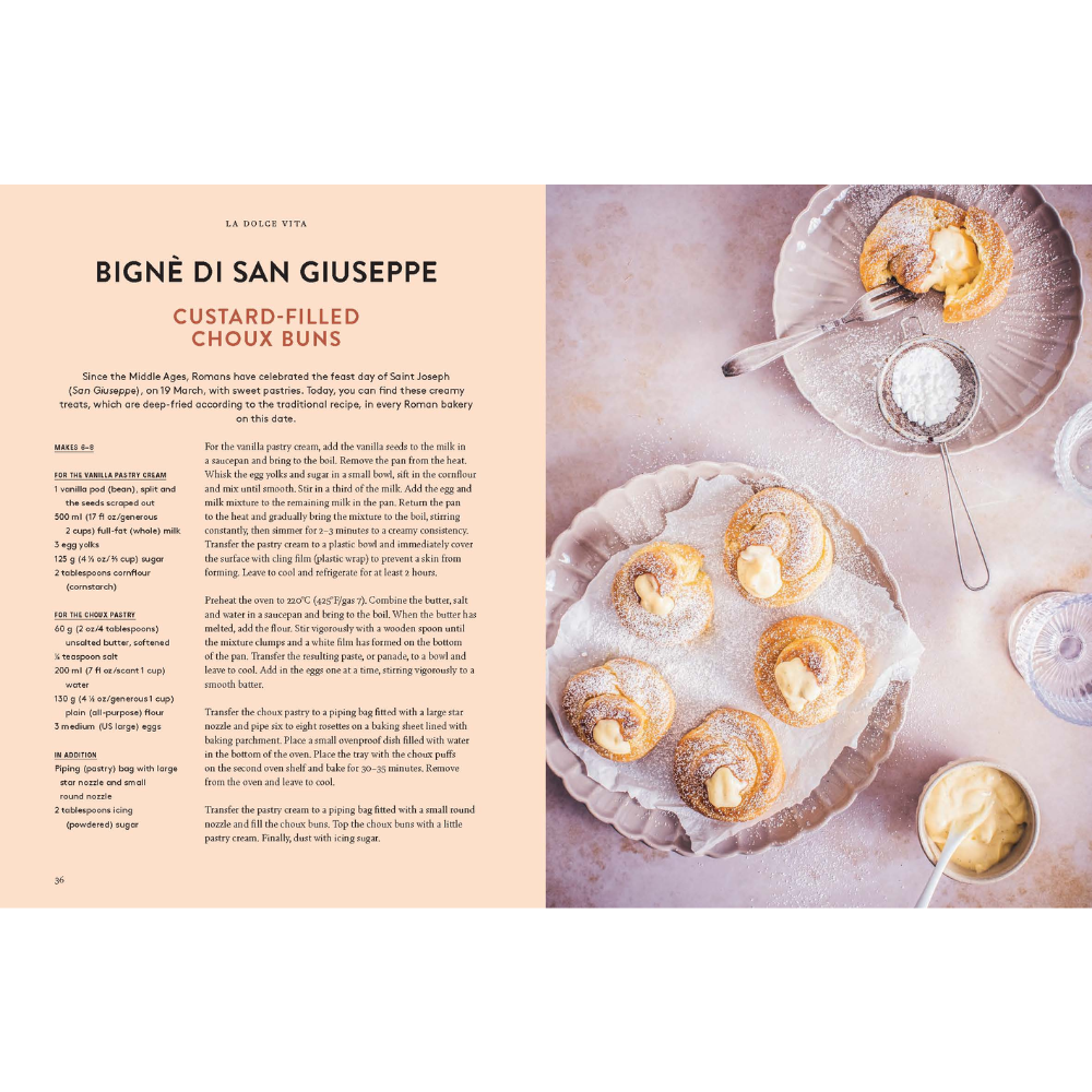 Book page with recipe for Bigné di San Giuseppe custard-filled choux buns.