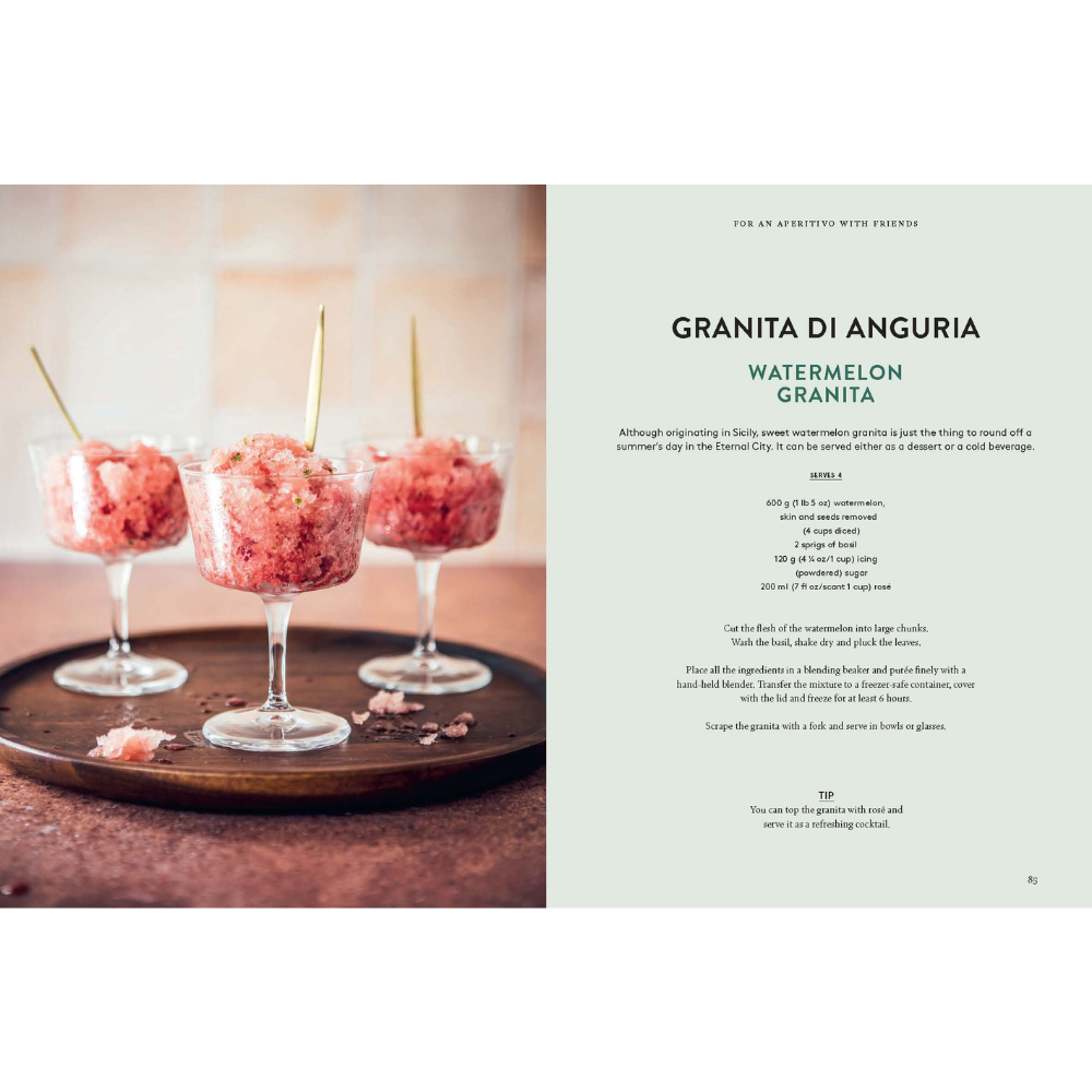 Three glasses of watermelon granita on a tray with a description of 'Granita di Anguria' on the right.