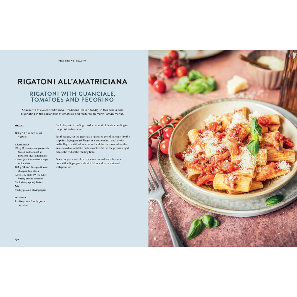 Pasta dish with text on rigatoni all'amatriciana recipe