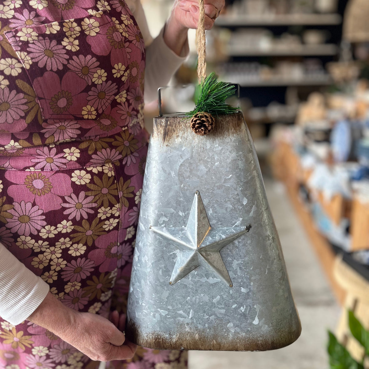 Rustic Bells with Star and Pinecone Metal