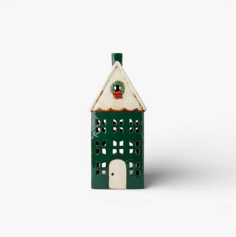 Ceramic Tealight House with a green base and white roof on a white background