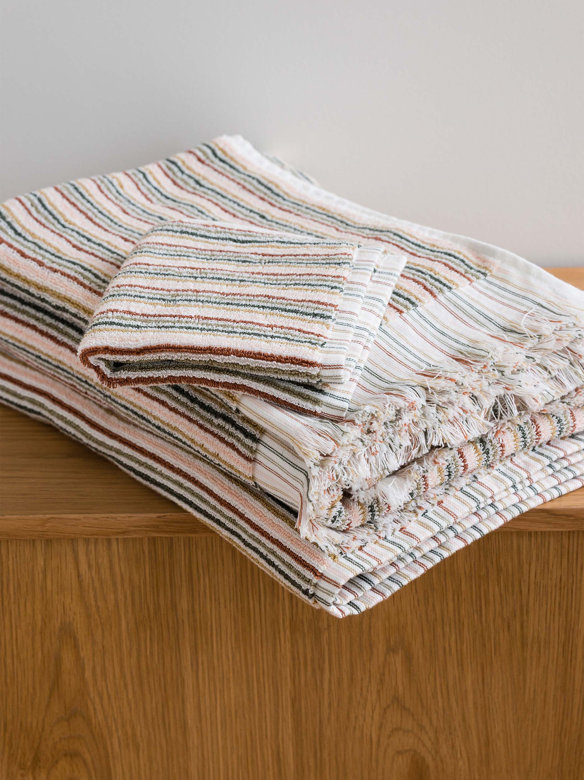 100% Cotton Towels - Moss/Multi Stripe
