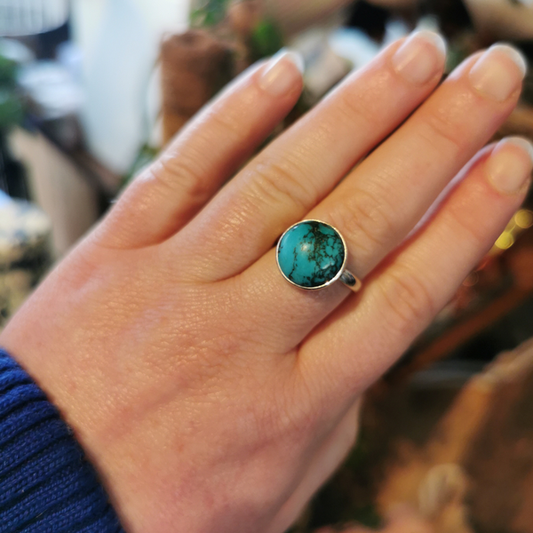 Ring - Round Turquoise & SS - Size 7