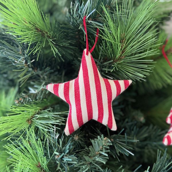 Fabric Tree and Star Hanging Decoration - Red and White Stripe