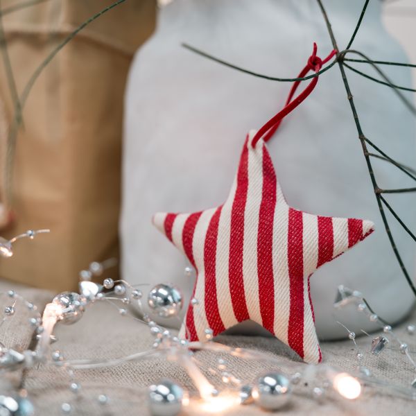 Fabric Tree and Star Hanging Decoration - Red and White Stripe