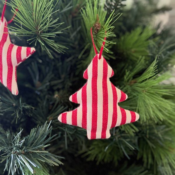 Fabric Tree and Star Hanging Decoration - Red and White Stripe