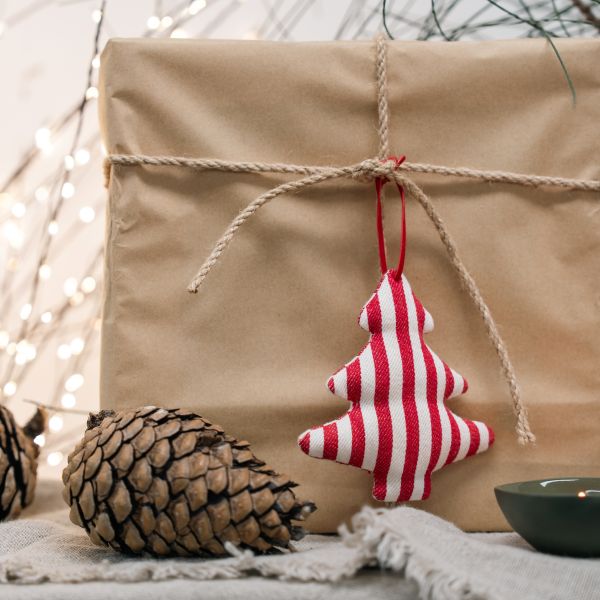 Fabric Tree and Star Hanging Decoration - Red and White Stripe