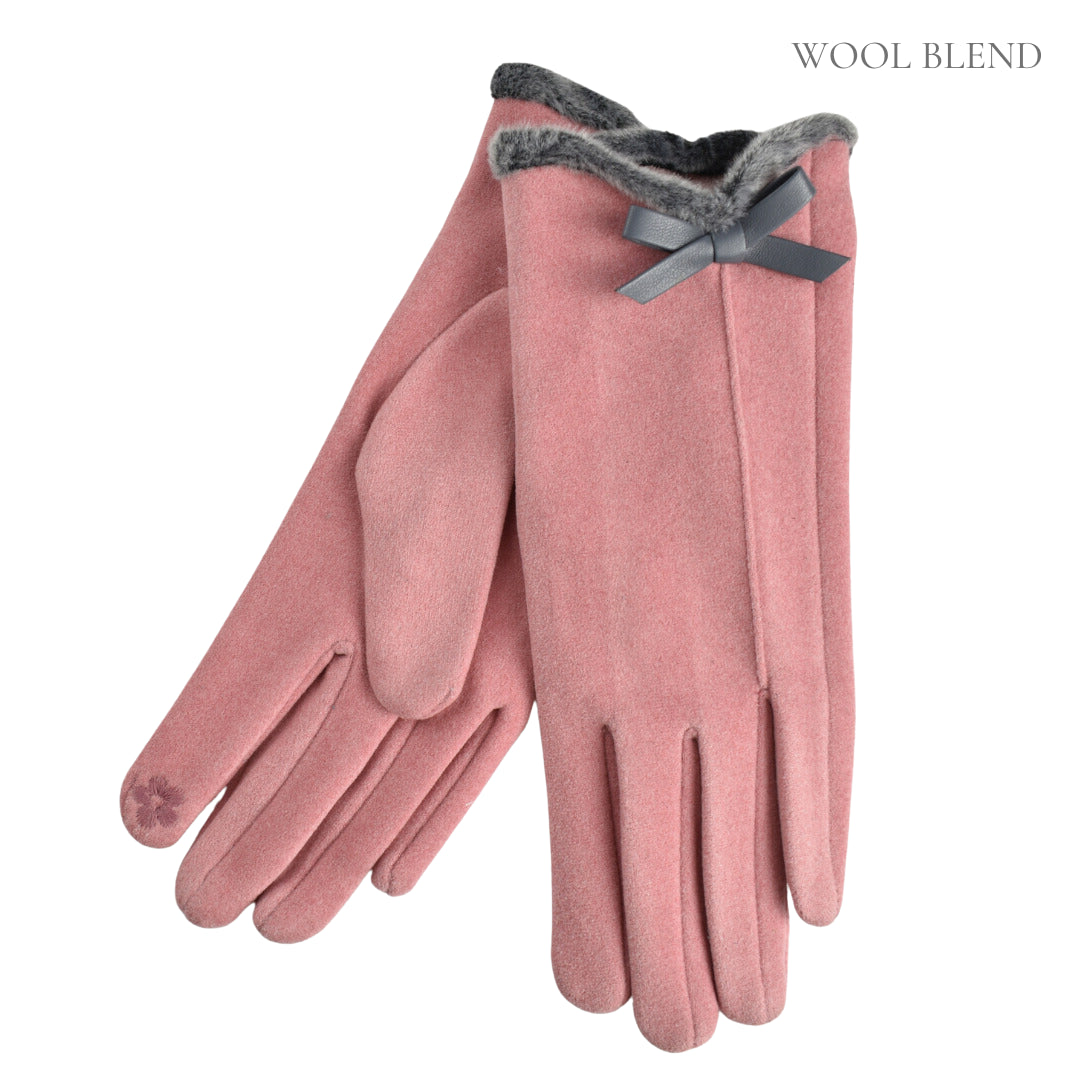 Gloves - Faux Fur Trim Bow - Pink