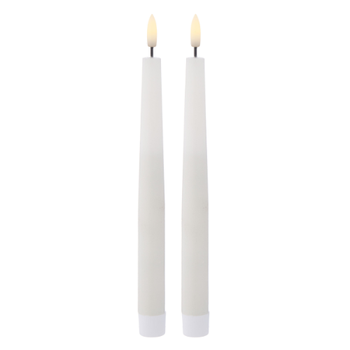 Two white LED candles on a white background